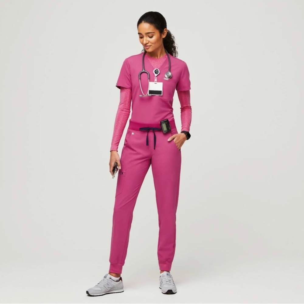 Figs Catarina scrub top and Zamora high-waisted joggers in Electric Orchid